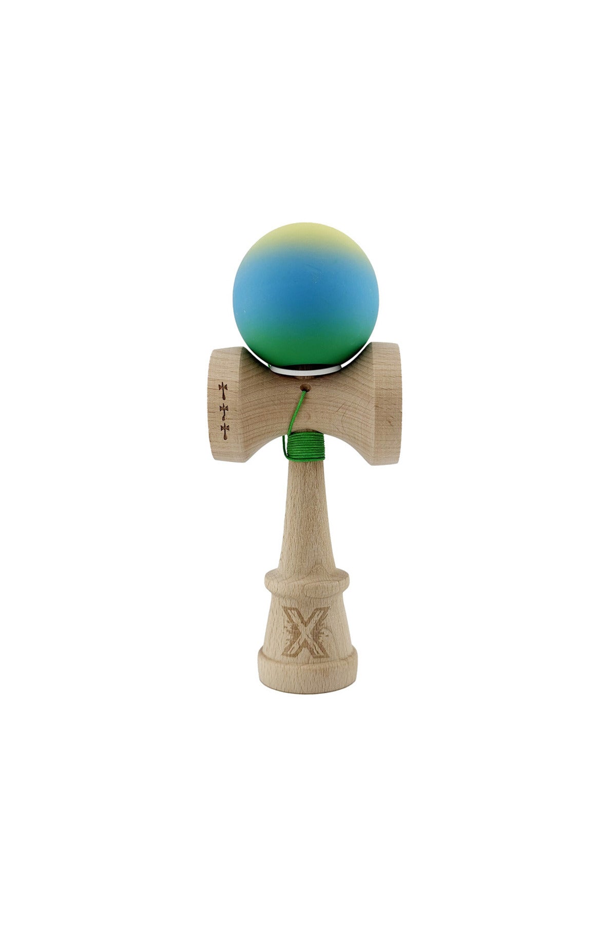 Kendama X Originala, Model V3 Galben / Albastru / Verde in Degrade, Profesionala, Cupe Mari King Size, Rubber Grip, Gaura in Baza, Rulment, Ata 55cm
