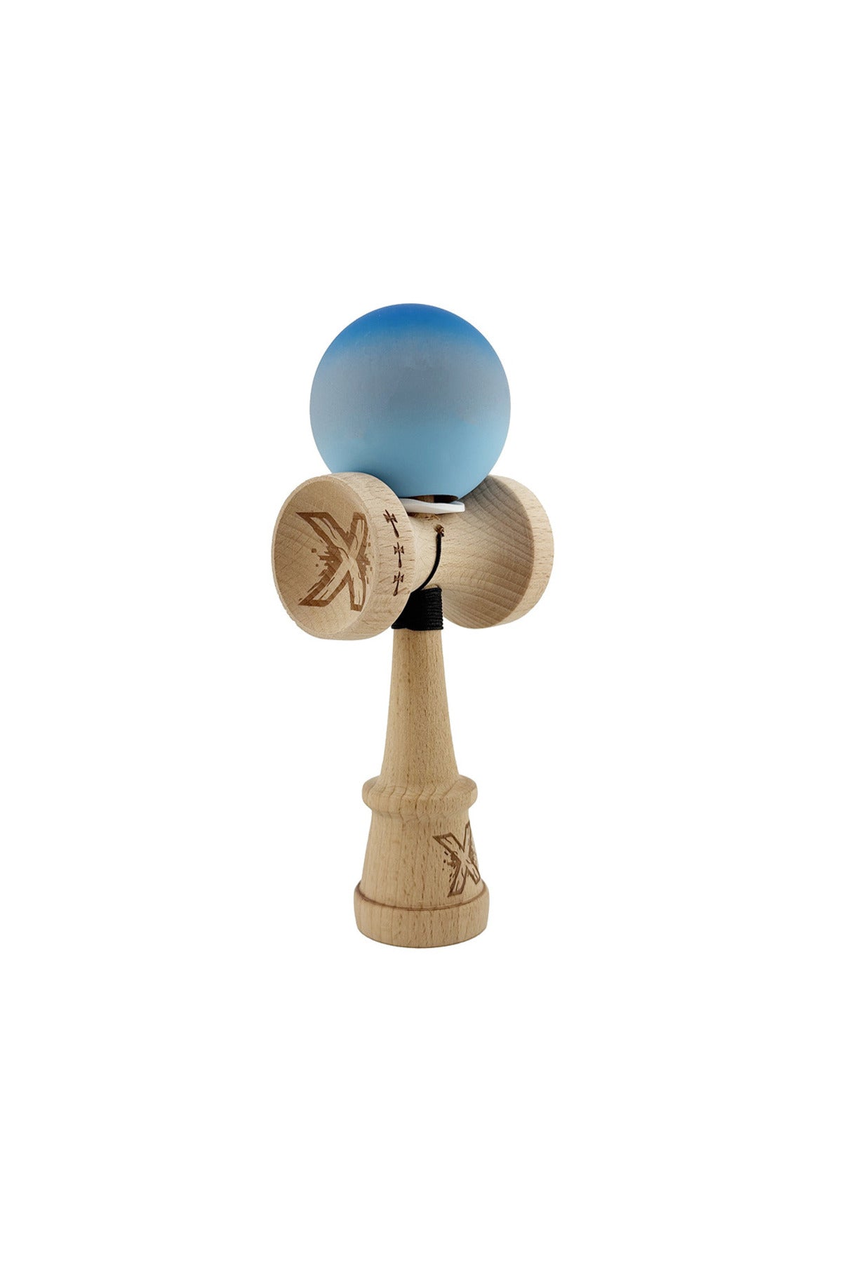 Kendama X Originala, Model V3 Albastru / Gri / Albastru Deschis in Degrade, Profesionala, Cupe Mari King Size, Rubber Grip, Gaura in Baza, Rulment, Ata 55cm