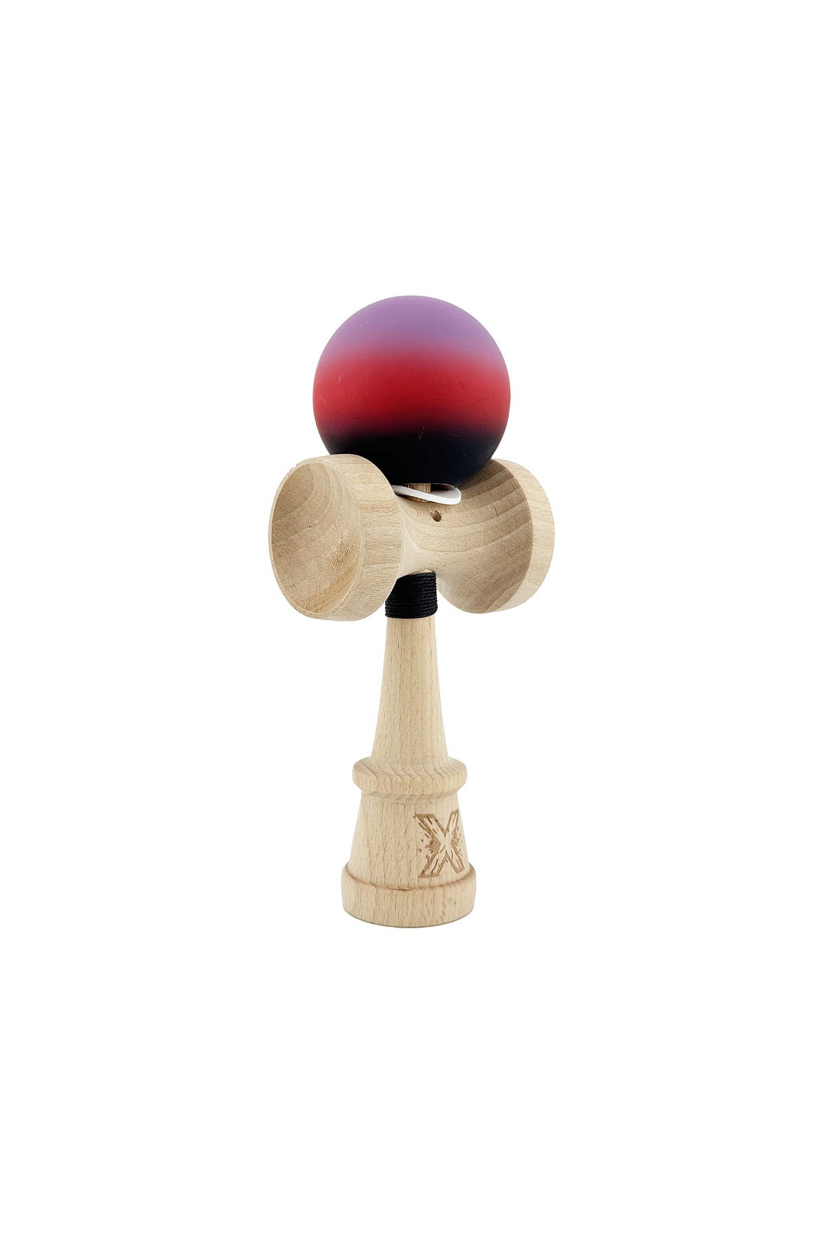 Kendama X Originala, Model V3 Mov / Rosu / Negru in Degrade, Profesionala, Cupe Mari King Size, Rubber Grip, Gaura in Baza, Rulment, Ata 55cm