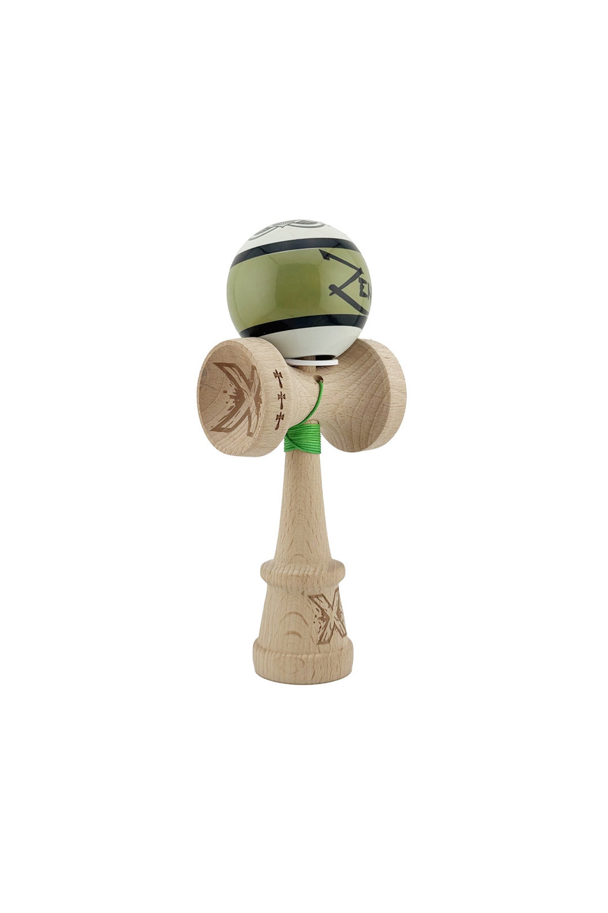 Kendama X Zen Originala, Model V3 Verde, Profesionala, Cupe Mari King Size, Super Sticky, Gaura in Baza, Rulment, Ata 55cm