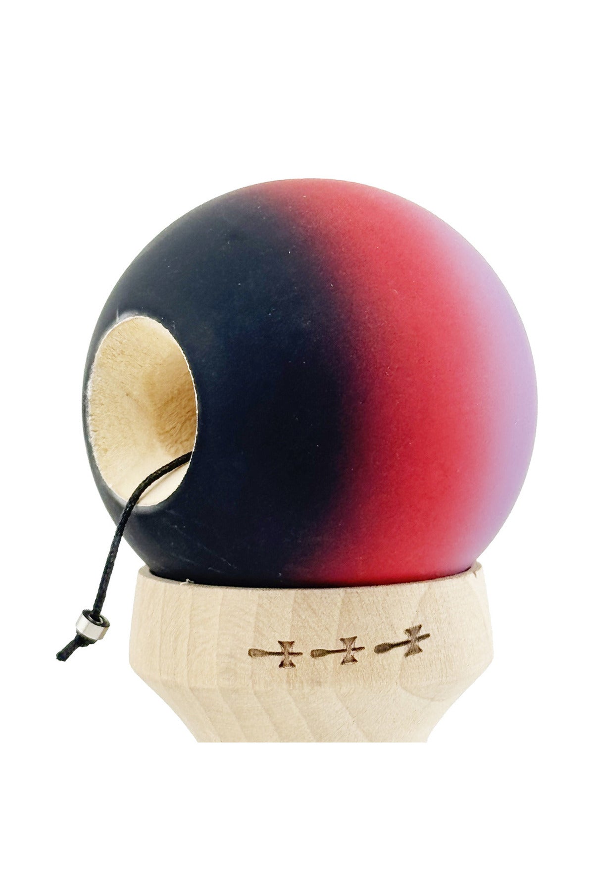 Kendama X Originala, Model V3 Mov / Rosu / Negru in Degrade, Profesionala, Cupe Mari King Size, Rubber Grip, Gaura in Baza, Rulment, Ata 55cm