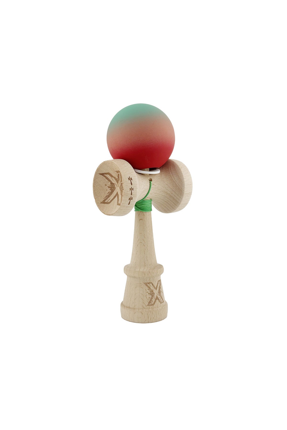 Kendama X Originala, Model V3 Verde / Roz / Rosu in Degrade, Profesionala, Cupe Mari King Size, Rubber Grip, Gaura in Baza, Rulment, Ata 55cm