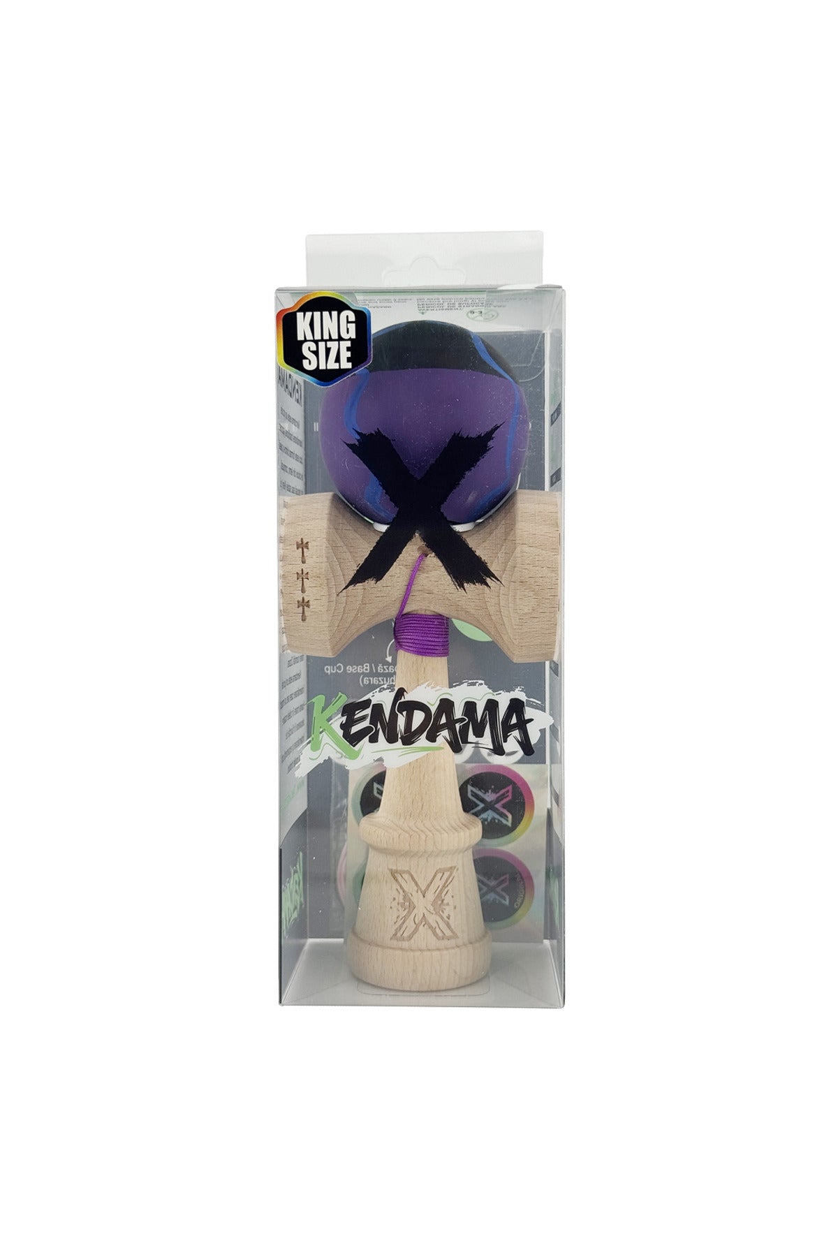 Kendama X Originala, Model V3 Special Negru / Mov / Albastru, Profesionala, Cupe Mari King Size, Rubber Grip, Gaura in Baza, Rulment, Ata 55cm