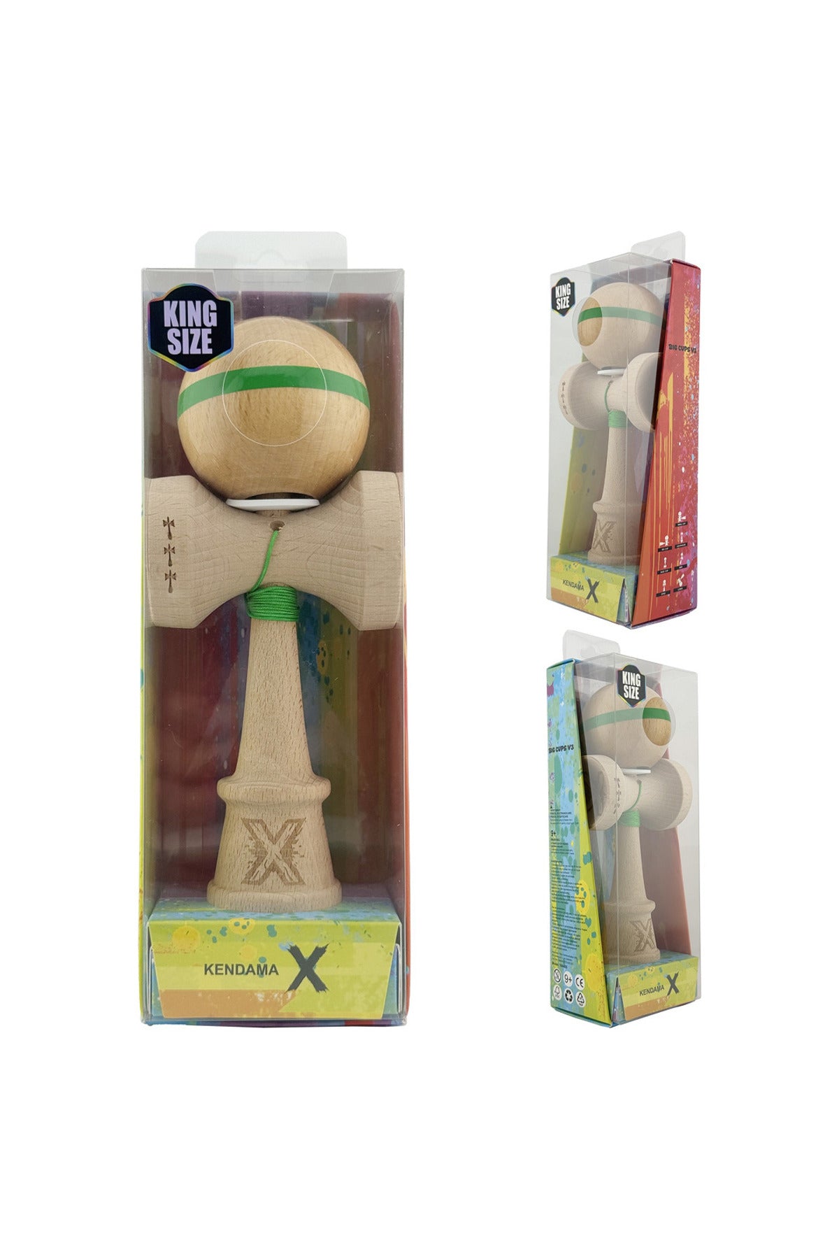 Kendama X Originala, Model V3 Verde, Linie, Profesionala, Cupe Mari King Size, Super Sticky, Gaura in Baza, Rulment, Ata 55cm