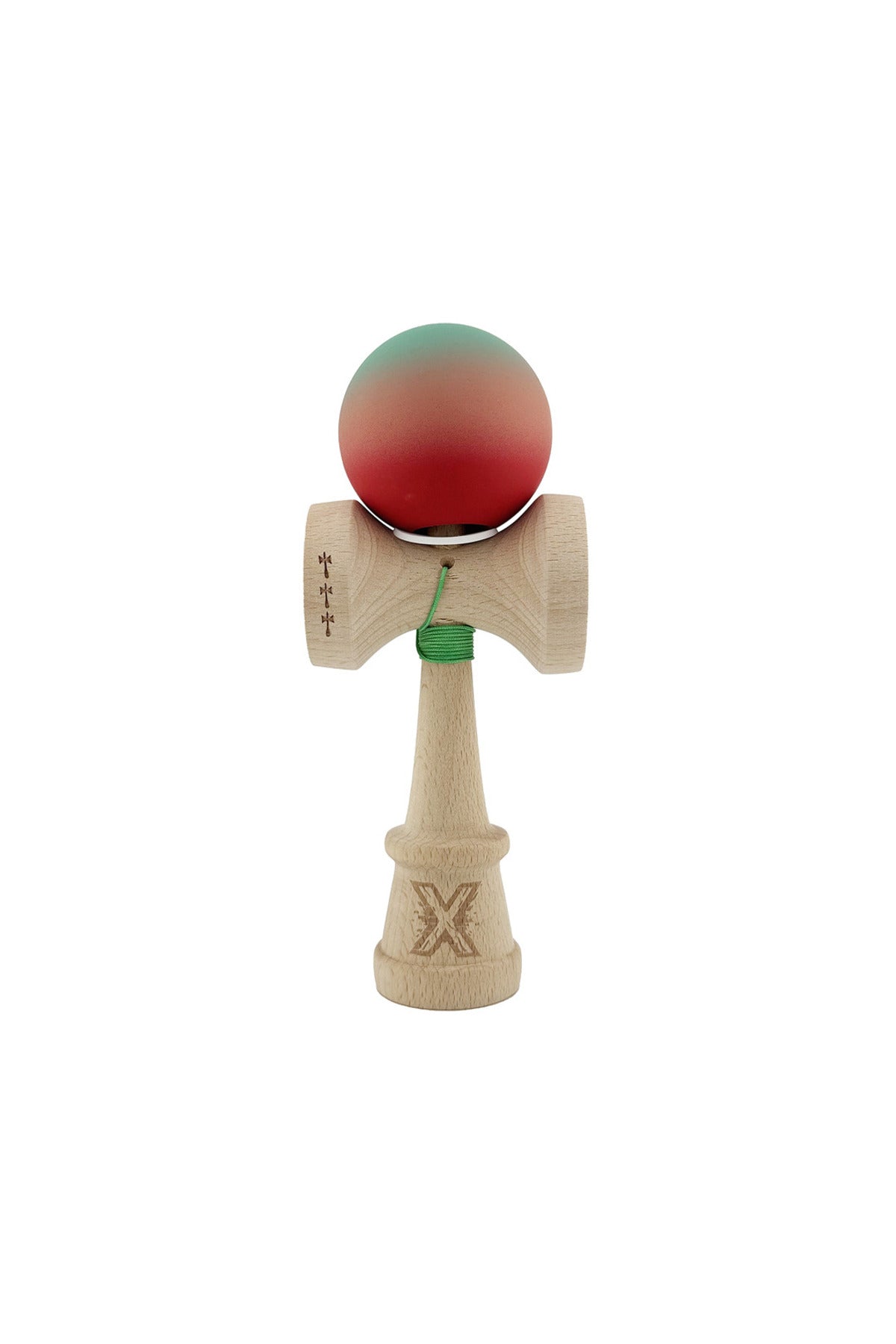 Kendama X Originala, Model V3 Verde / Roz / Rosu in Degrade, Profesionala, Cupe Mari King Size, Rubber Grip, Gaura in Baza, Rulment, Ata 55cm