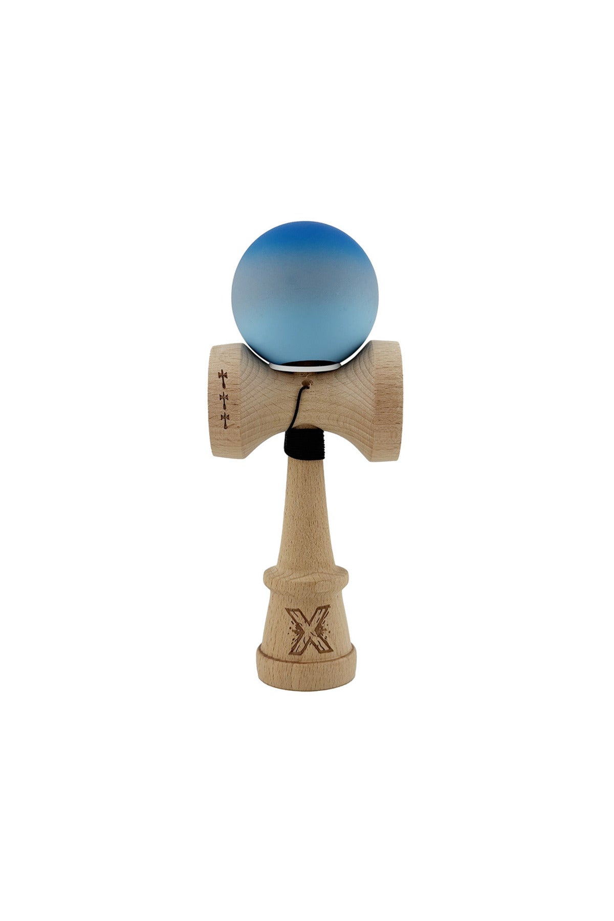 Kendama X Originala, Model V3 Albastru / Gri / Albastru Deschis in Degrade, Profesionala, Cupe Mari King Size, Rubber Grip, Gaura in Baza, Rulment, Ata 55cm