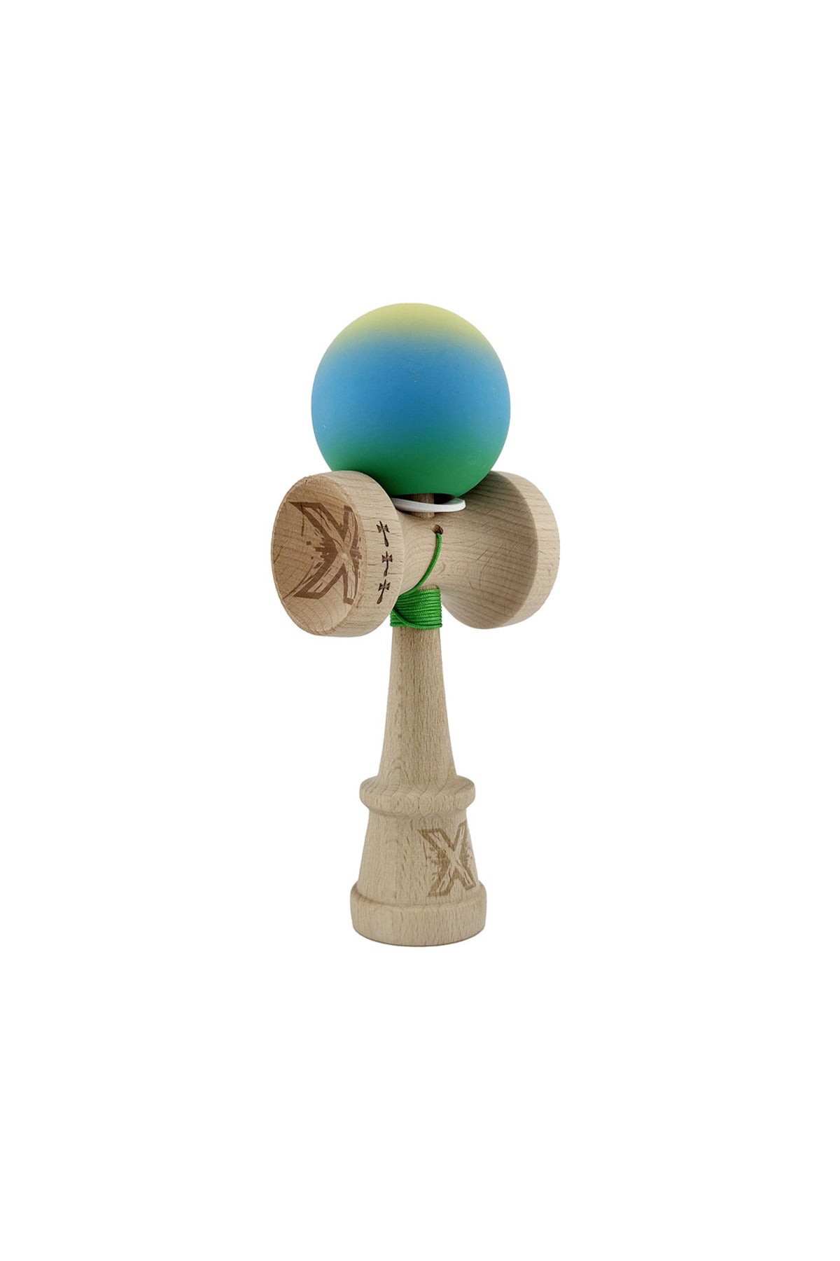 Kendama X Originala, Model V3 Galben / Albastru / Verde in Degrade, Profesionala, Cupe Mari King Size, Rubber Grip, Gaura in Baza, Rulment, Ata 55cm