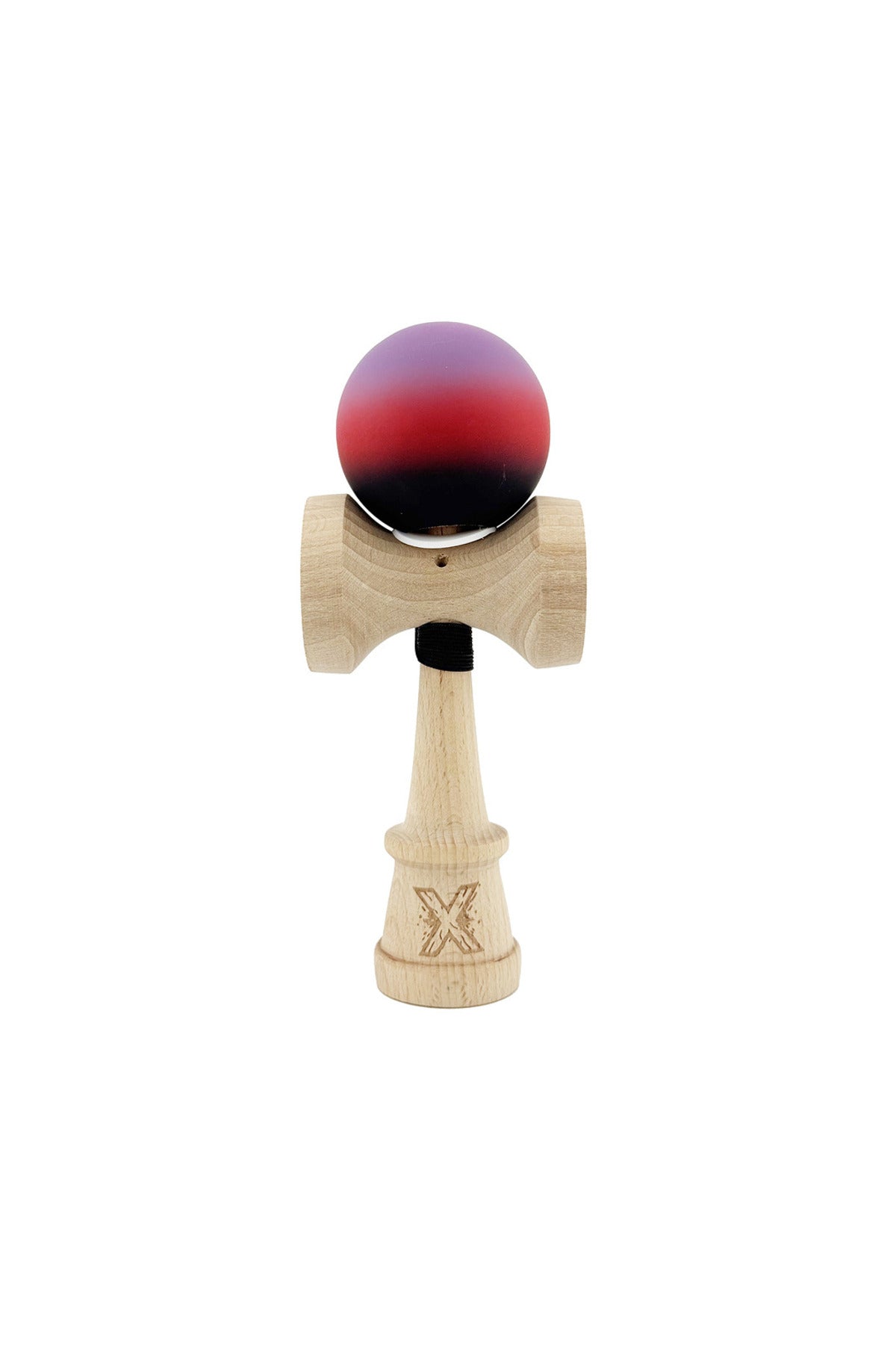 Kendama X Originala, Model V3 Mov / Rosu / Negru in Degrade, Profesionala, Cupe Mari King Size, Rubber Grip, Gaura in Baza, Rulment, Ata 55cm