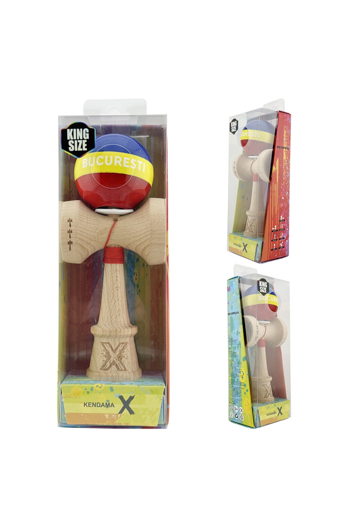 Kendama X Originala, Special Edition Bucuresti, Model V3 Multicolor, Profesionala, Cupe Mari King Size, Super Sticky, Gaura in Baza, Rulment, Ata 55cm