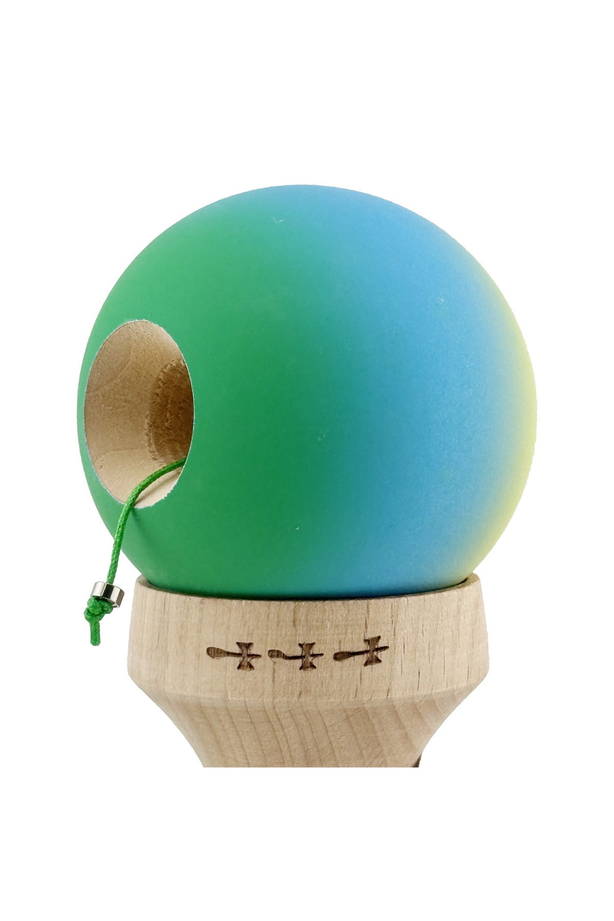 Kendama X Originala, Model V3 Galben / Albastru / Verde in Degrade, Profesionala, Cupe Mari King Size, Rubber Grip, Gaura in Baza, Rulment, Ata 55cm
