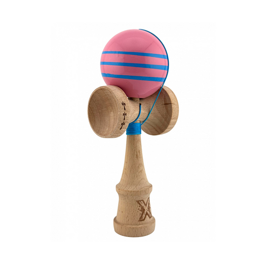 Kendama X Originala, Model Roz cu Linii Albastre, Profesionala, Legendary, Cupe Mari, Super Sticky, Rulment, Ata 55cm