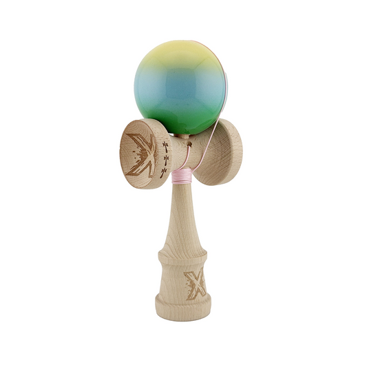 Kendama X Originala, Model Galben / Albastru deschis / Verde in Degrade, Profesionala, Cupe Mari, Super Sticky, Rulment, Ata 55cm
