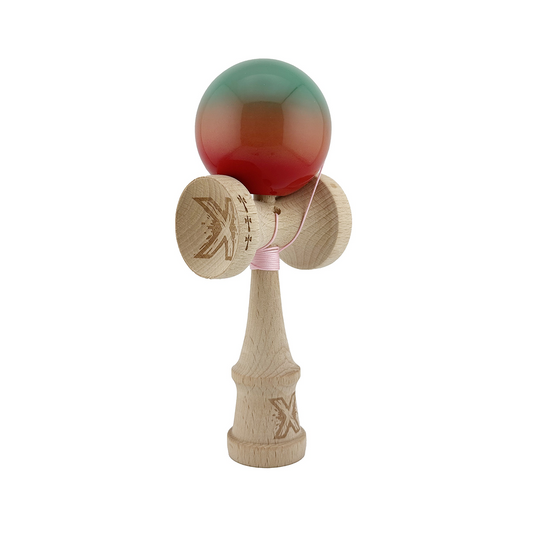 Kendama X Originala, Model Rosu / Verde in Degrade, Profesionala, Cupe Mari, Super Sticky, Rulment, Ata 55cm
