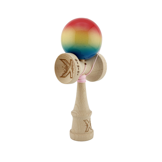 Kendama X Originala, Model Rosu / Galben / Albastru in Degrade, Profesionala, Cupe Mari, Super Sticky, Rulment, Ata 55cm