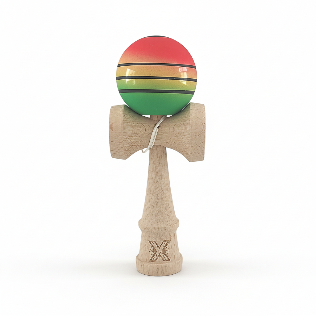 Kendama X Berbis – Jucarie Interactiva din Lemn, 18 cm, Joc de Indemanare pentru Copii si Adulti, Model Rosu-Galben-Verde in Degrade
