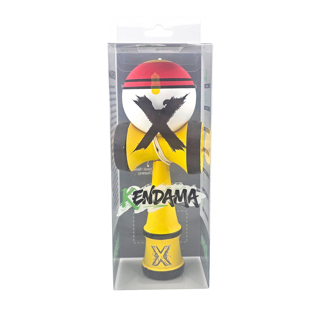 Kendama Rege Profesionala Berbis – Jucarie Interactiva din Lemn, 18 cm, Joc de Indemanare pentru Copii si Adulti, Model Bicolor Rosu-Alb cu maner galben