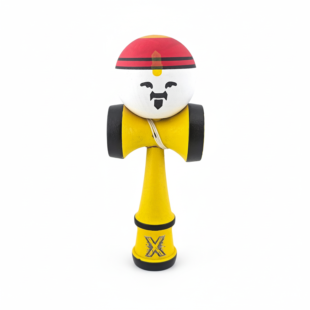 Kendama Rege Profesionala Berbis – Jucarie Interactiva din Lemn, 18 cm, Joc de Indemanare pentru Copii si Adulti, Model Bicolor Rosu-Alb cu maner galben
