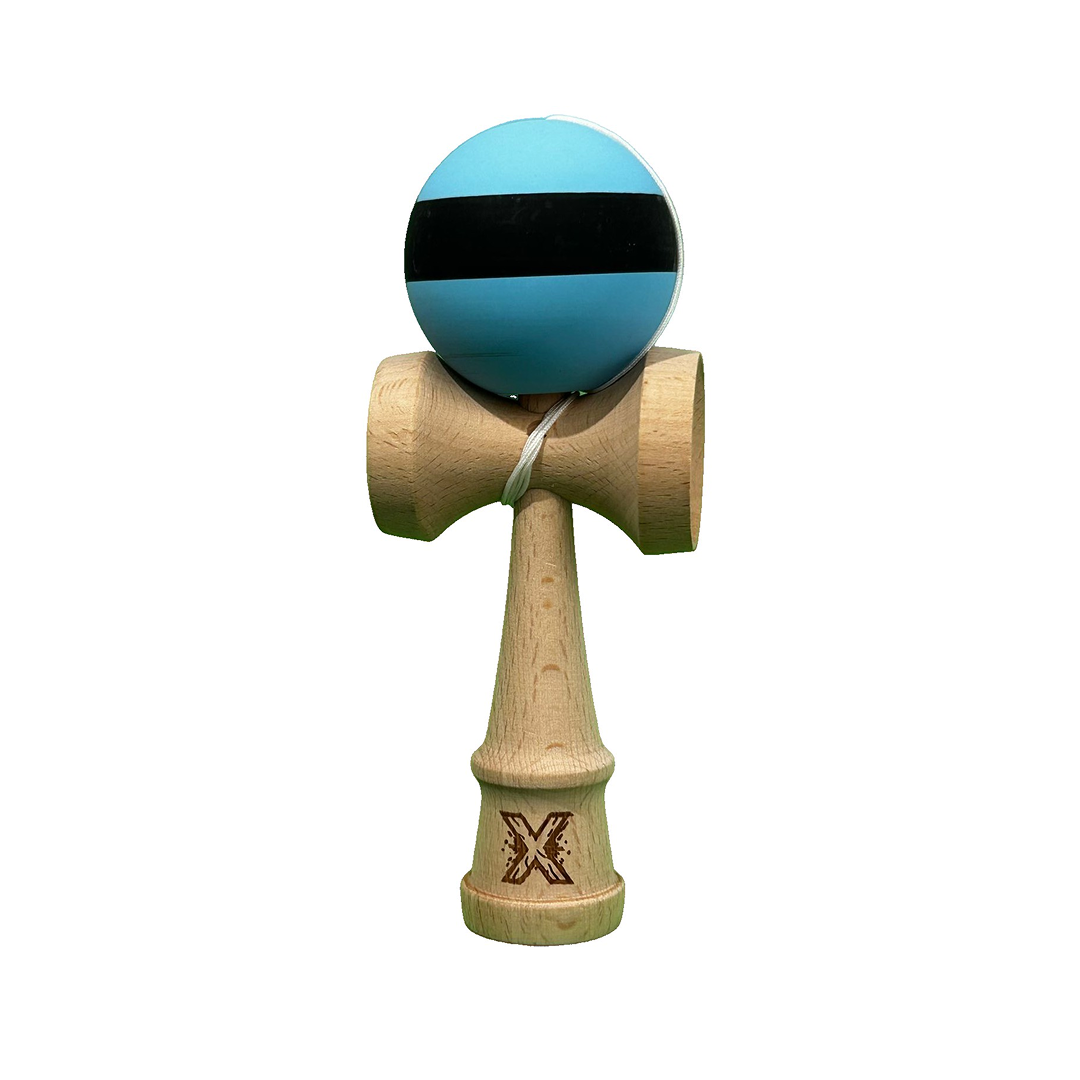 Kendama Profesionala Berbis – Jucarie Interactiva din Lemn, 18 cm, Joc de Indemanare pentru Copii si Adulti, Model Dungi Albastru-Albastru Deschis