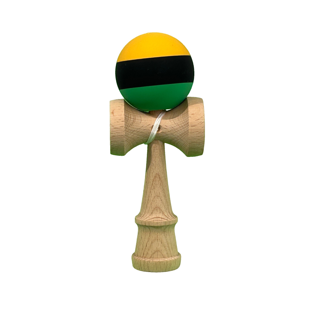 Kendama X Berbis – Jucarie Interactiva din Lemn, 18 cm, Joc de Indemanare pentru Copii si Adulti, Model Multicolor Galben-Negru-Verde
