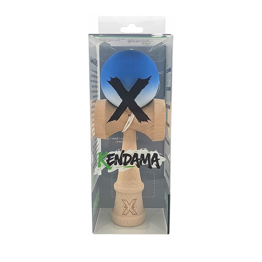 Kendama X Originala Berbis – Jucarie Interactiva din Lemn, 18 cm, Joc de Indemanare pentru Copii si Adulti, Model Albastru-Alb in Degrade