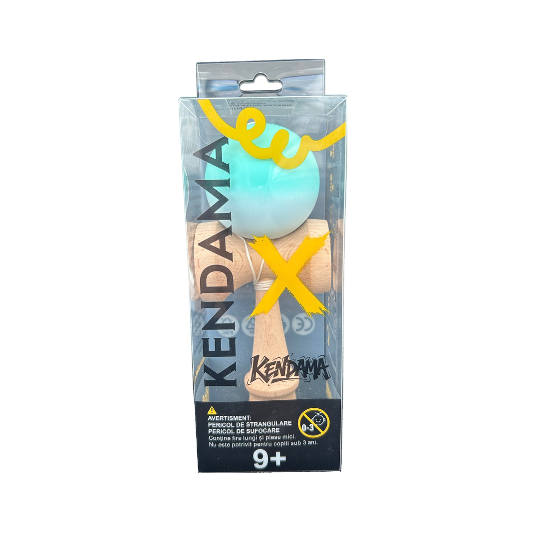 Kendama X Berbis – Jucarie Interactiva din Lemn, 18 cm, Joc de Indemanare pentru Copii si Adulti, Model Turcoaz-Alb in Degrade
