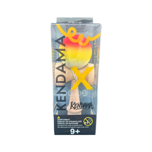 Kendama X Berbis – Jucarie Interactiva din Lemn, 18 cm, Joc de Indemanare pentru Copii si Adulti, Model Rosu-Galben-Alb in Degrade