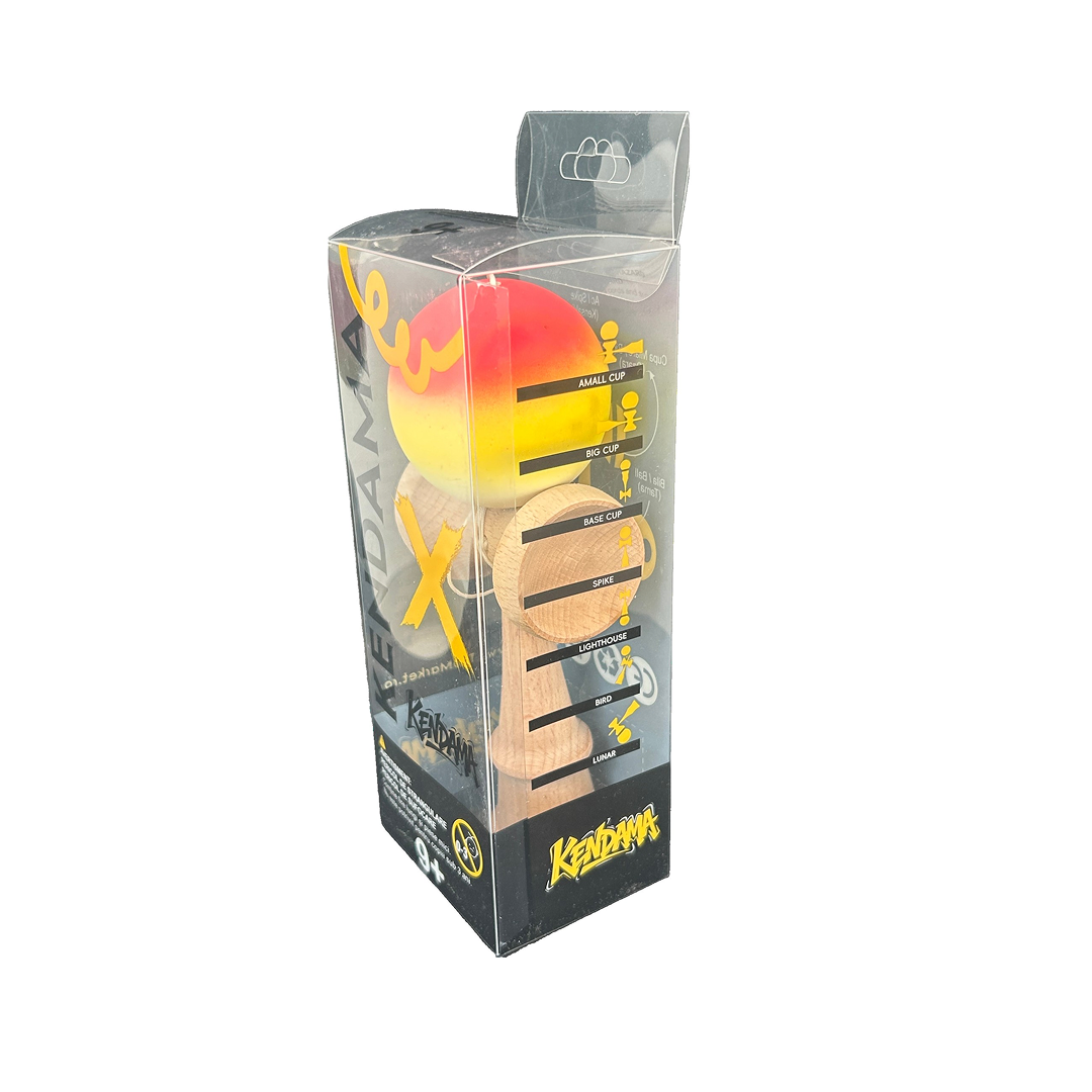Kendama X Berbis – Jucarie Interactiva din Lemn, 18 cm, Joc de Indemanare pentru Copii si Adulti, Model Rosu-Galben-Alb in Degrade