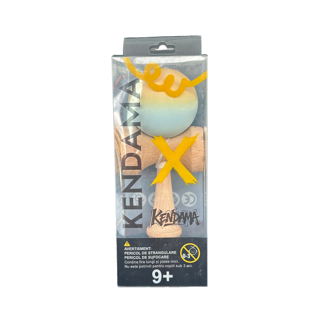 Kendama X Berbis – Jucarie Interactiva din Lemn, 18 cm, Joc de Indemanare pentru Copii si Adulti, Model Galben-Albastru Deschis in Degrade
