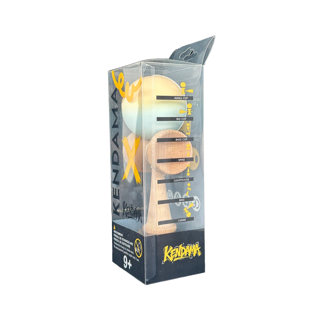 Kendama X Berbis – Jucarie Interactiva din Lemn, 18 cm, Joc de Indemanare pentru Copii si Adulti, Model Galben-Albastru Deschis in Degrade
