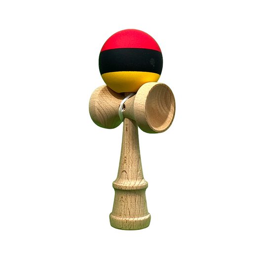 Kendama X Berbis – Jucarie Interactiva din Lemn, 18 cm, Joc de Indemanare pentru Copii si Adulti, Model Multicolor Rosu-Negru-Galben