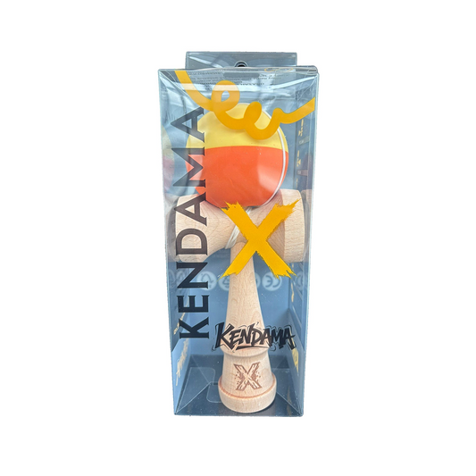 Kendama X Originala Berbis – Jucarie Interactiva profesionala din Lemn, 18 cm, Joc de Indemanare pentru Copii si Adulti, Model Bicolor Galben-Portocaliu