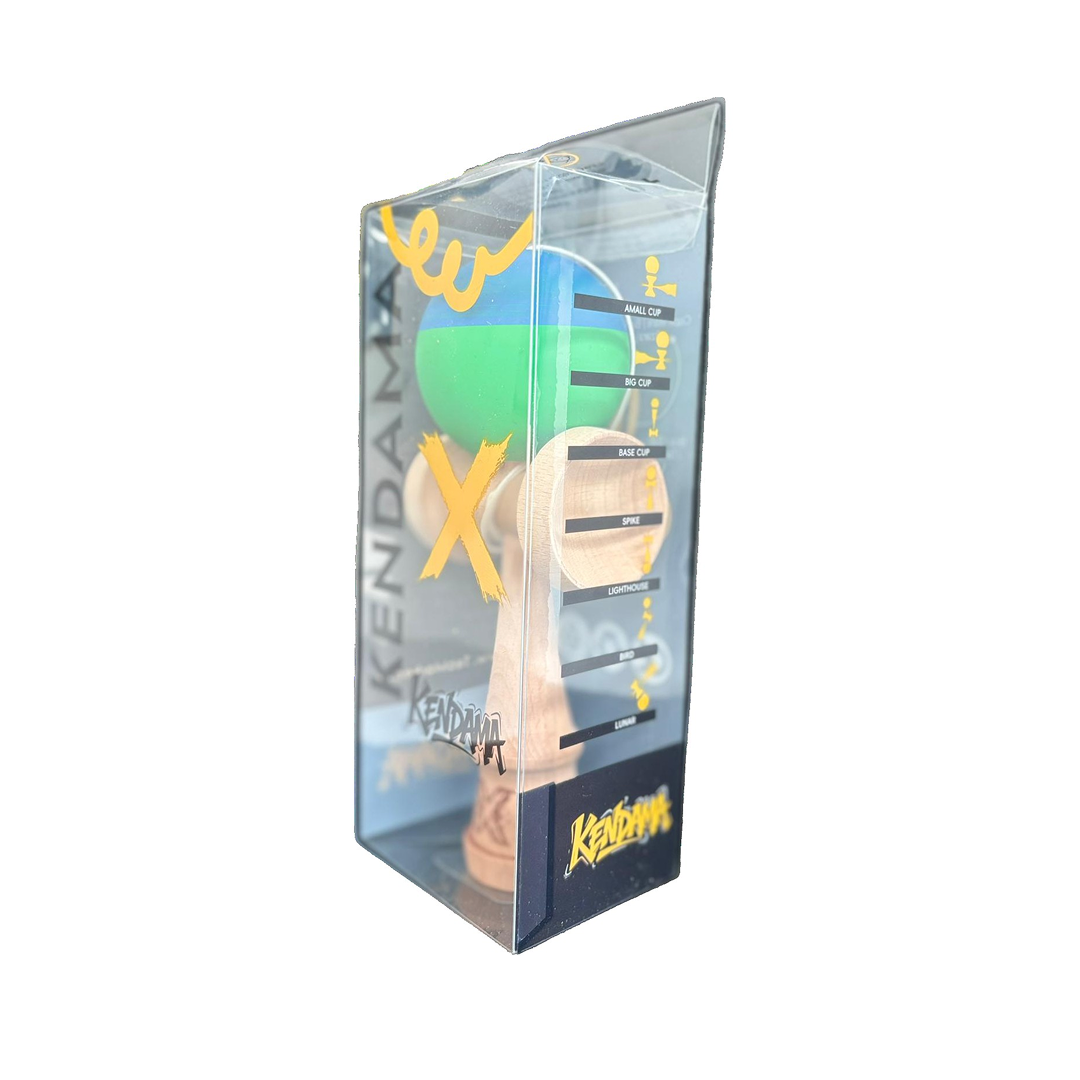 Kendama X Originala Berbis – Jucarie Interactiva profesionala din Lemn, 18 cm, Joc de Indemanare pentru Copii si Adulti, Model Bicolor Albastru-Verde