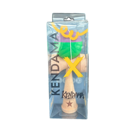 Kendama X Originala Berbis – Jucarie Interactiva profesionala din Lemn, 18 cm, Joc de Indemanare pentru Copii si Adulti, Model Bicolor Mov-Verde