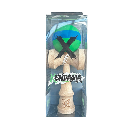 Kendama X Originala Berbis – Jucarie Interactiva din Lemn, 18 cm, Joc de Indemanare pentru Copii si Adulti, Model Bicolor Verde-Albastru