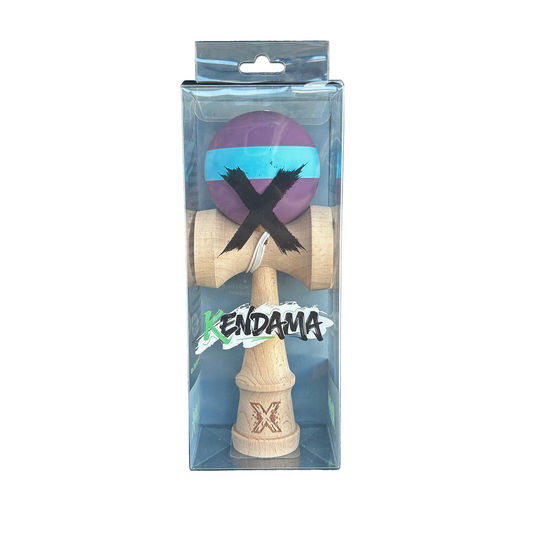 Kendama X Originala Berbis – Jucarie Interactiva din Lemn, 18 cm, Joc de Indemanare pentru Copii si Adulti, Model Bicolor Mov-Albastru-Mov cu Dunga