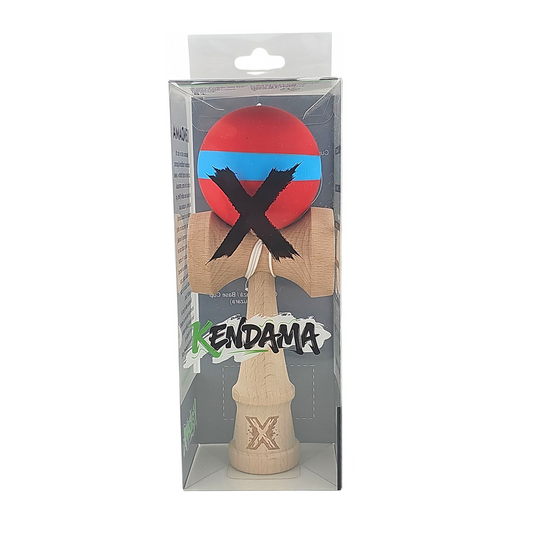Kendama X Originala Rubber Grip Berbis - Profesionala - Jucarie Interactiva din Lemn, 18 cm, Joc de Indemanare pentru Copii si Adulti, Model Bicolor Rosu-Albastru
