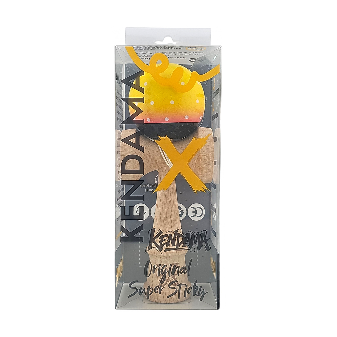 Kendama X Originala Super Sticky Berbis – Jucarie Interactiva din Lemn, 18 cm, Joc de Indemanare pentru Copii si Adulti, Multicolor Galben-Roz-Negru Cu Model