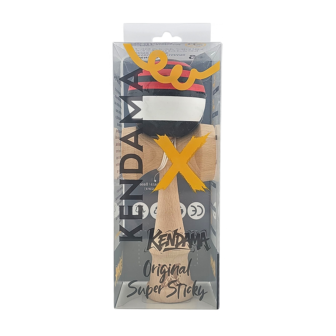 Kendama X Originala Super Sticky Berbis – Jucarie Interactiva din Lemn, 18 cm, Joc de Indemanare pentru Copii si Adulti, Multicolor Rosu-Negru-Alb in Linii