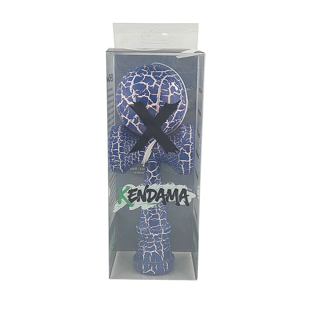 Kendama X Originala Berbis – Jucarie Interactiva din Lemn, 18 cm, Joc de Indemanare pentru Copii si Adulti, Design Cracked Albastru Inchis-Alb
