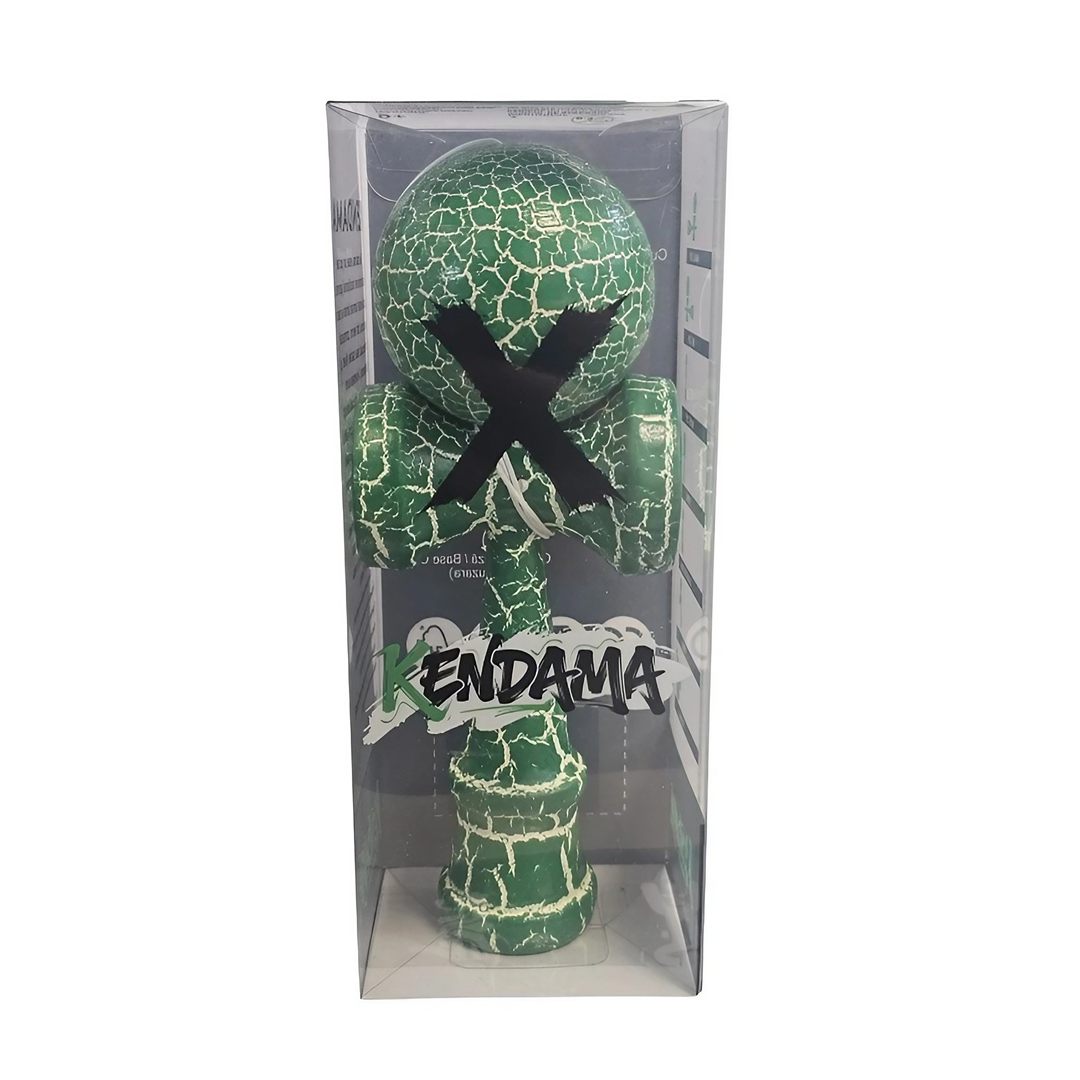 Kendama X Originala Berbis – Jucarie Interactiva din Lemn, 18 cm, Joc de Indemanare pentru Copii si Adulti, Design Cracked Verde-Alb