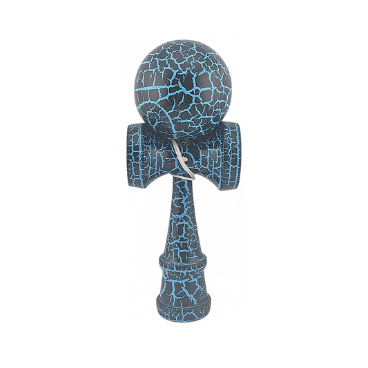 Kendama X Originala Berbis – Jucarie Interactiva din Lemn, 18 cm, Joc de Indemanare pentru Copii si Adulti, Design Cracked Negru-Albastru