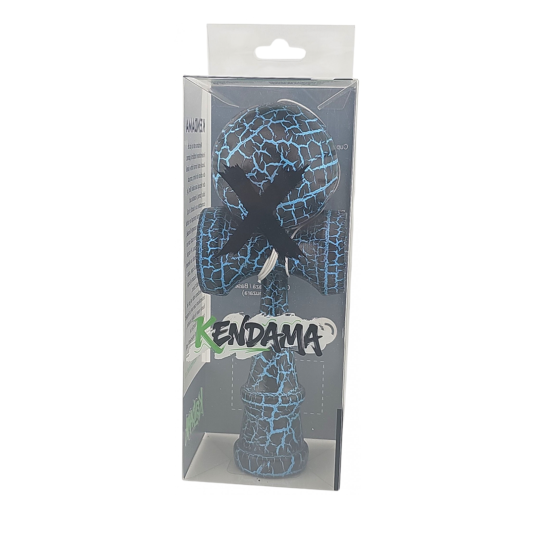 Kendama X Originala Berbis – Jucarie Interactiva din Lemn, 18 cm, Joc de Indemanare pentru Copii si Adulti, Design Cracked Negru-Albastru
