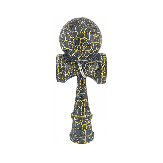 Kendama X Originala Berbis – Jucarie Interactiva din Lemn, 18 cm, Joc de Indemanare pentru Copii si Adulti, Design Cracked Negru-Galben