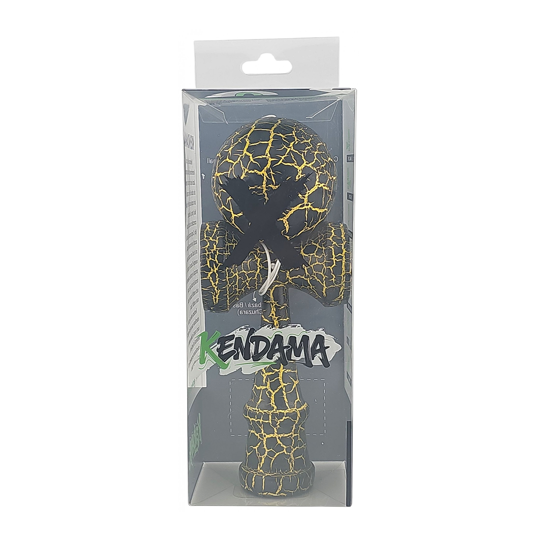 Kendama X Originala Berbis – Jucarie Interactiva din Lemn, 18 cm, Joc de Indemanare pentru Copii si Adulti, Design Cracked Negru-Galben