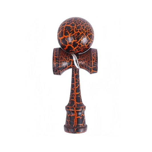 Kendama X Originala Berbis – Jucarie Interactiva din Lemn, 18 cm, Joc de Indemanare pentru Copii si Adulti, Design Cracked Negru-Portocaliu