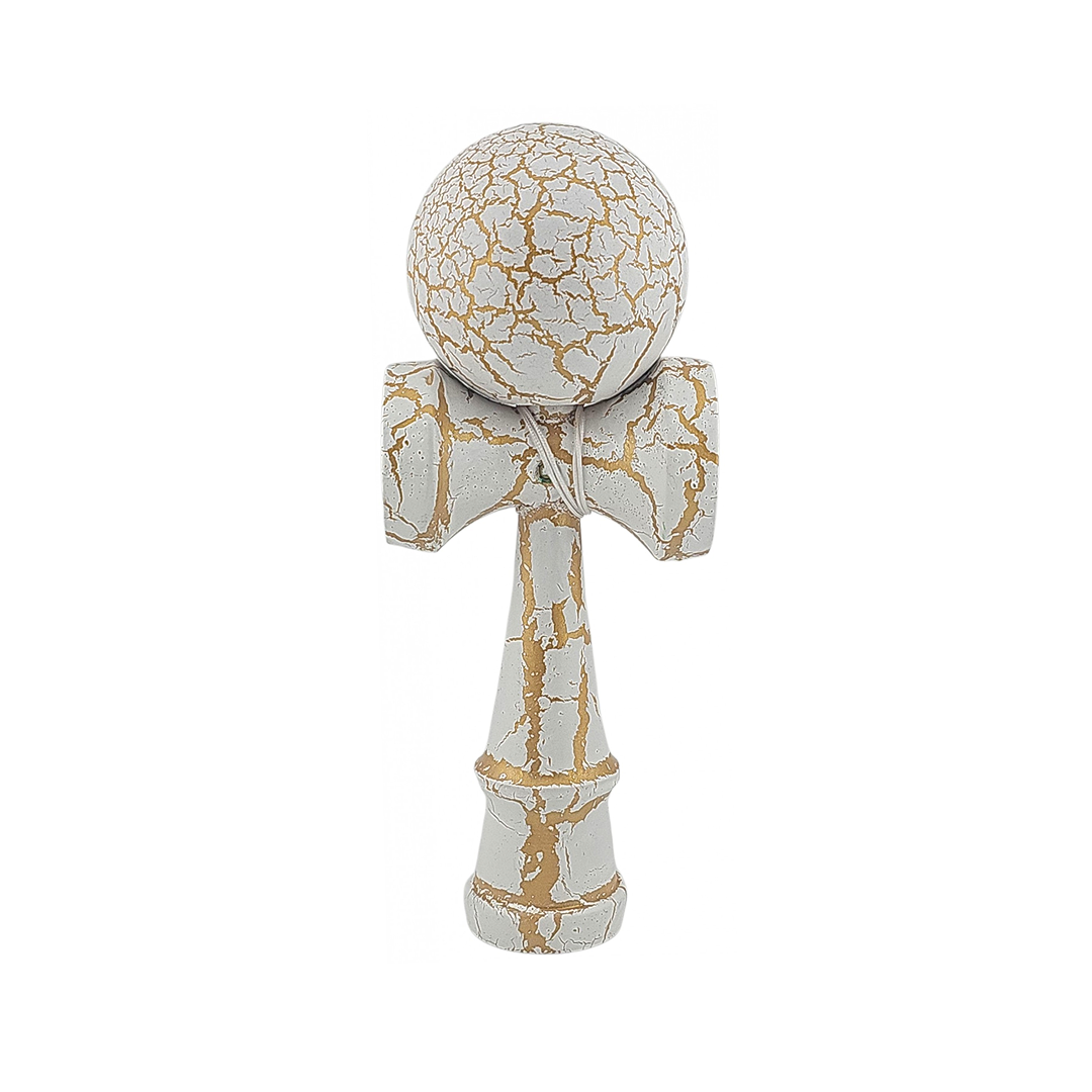 Kendama X Originala Berbis – Jucarie Interactiva din Lemn, 18 cm, Joc de Indemanare pentru Copii si Adulti, Design Cracked Alb-Galben
