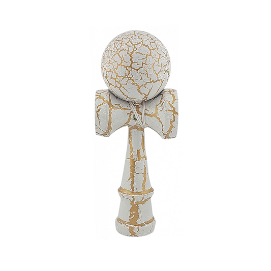 Kendama X Originala Berbis – Jucarie Interactiva din Lemn, 18 cm, Joc de Indemanare pentru Copii si Adulti, Design Cracked Alb-Galben