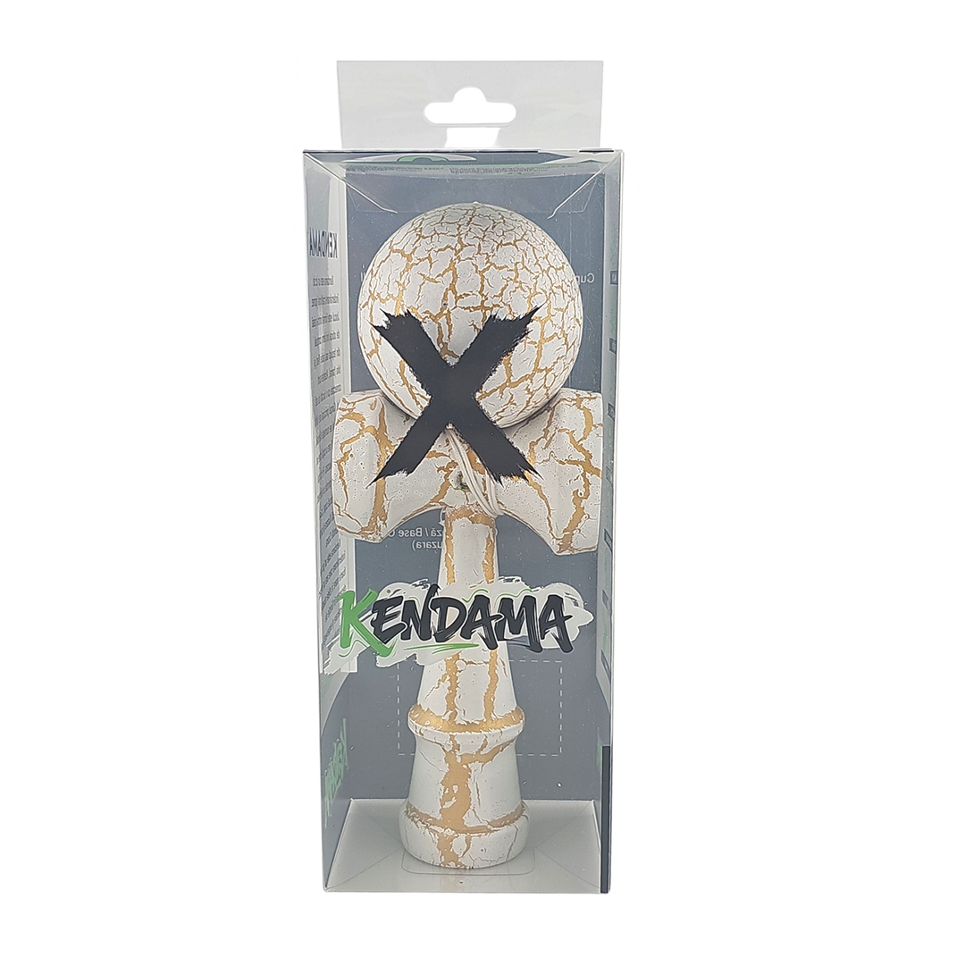 Kendama X Originala Berbis – Jucarie Interactiva din Lemn, 18 cm, Joc de Indemanare pentru Copii si Adulti, Design Cracked Alb-Galben