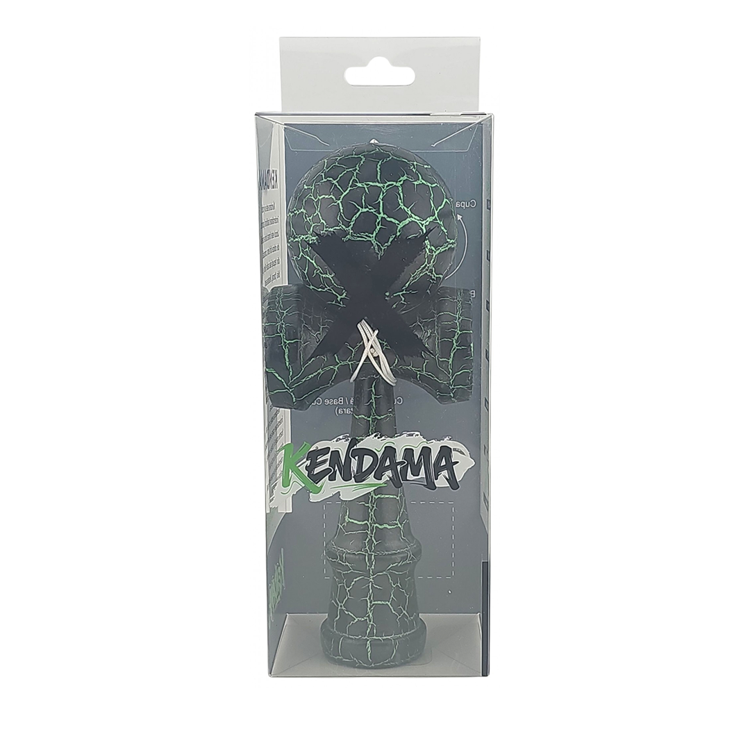 Kendama X Originala Berbis – Jucarie Interactiva din Lemn, 18 cm, Joc de Indemanare pentru Copii si Adulti, Design Cracked Negru-Verde