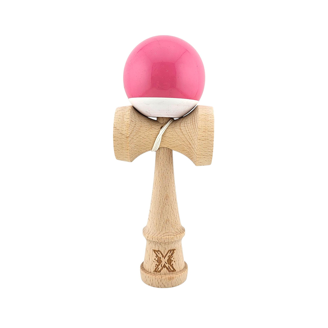 Kendama X Originala Rubber Grip Berbis - Profesionala - Jucarie Interactiva din Lemn, 18 cm, Joc de Indemanare pentru Copii si Adulti, Model Bicolor Roz-Alb